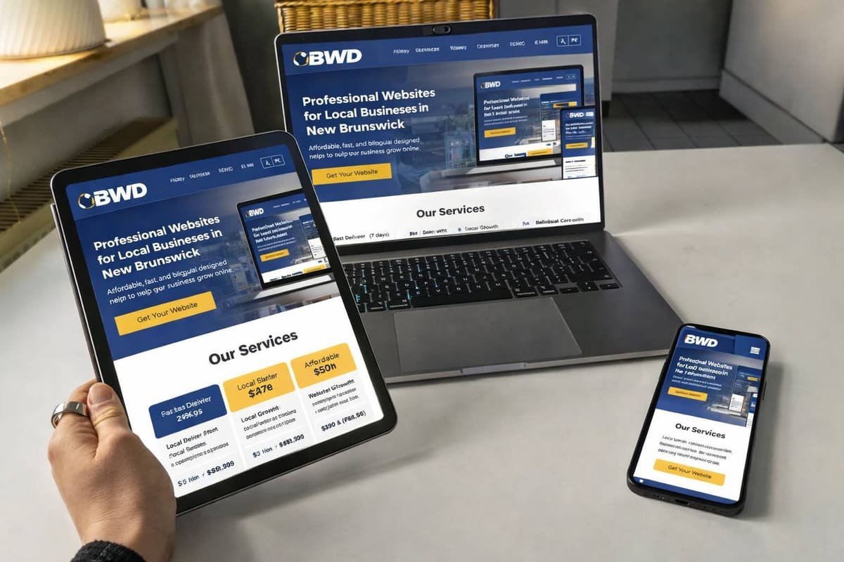 A BWD website shown on a laptop, a tablet and a phone