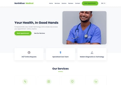 Medical clinic website with the headline “Your Health, In Good Hands”