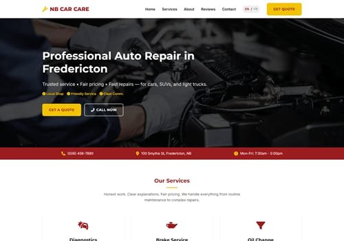 Photo of an auto repair shop website: dark hero with the headline “Professional Auto Repair in Fredericton”