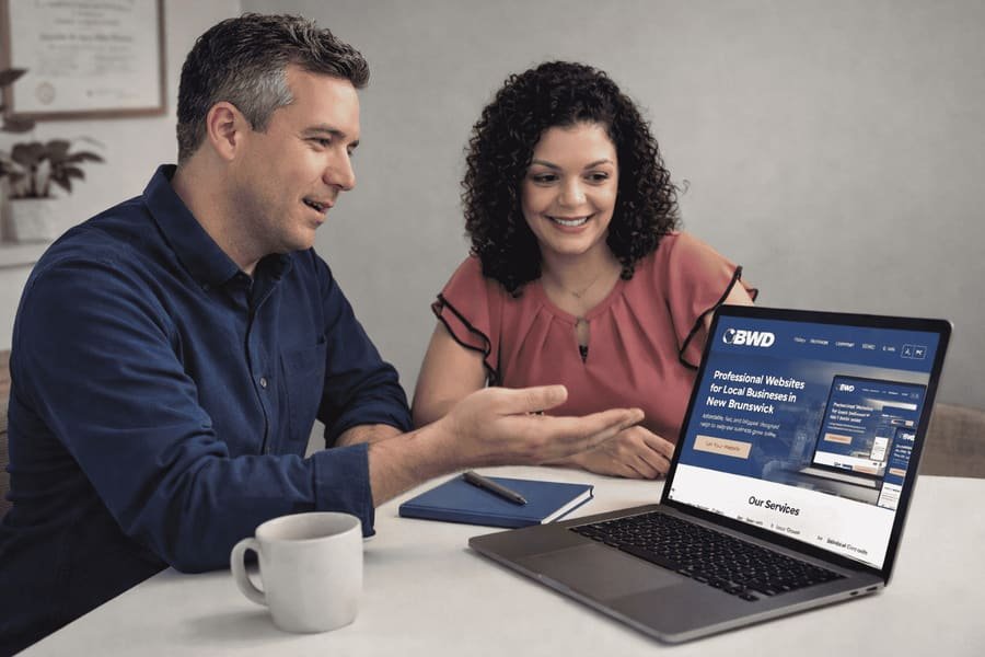 Marco Boza showing a website on a laptop to a client